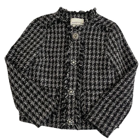 Common Unique Tweed Fringe Trim  Houndstooth Embellished Buttons Blazer- S - Picture 1 of 14